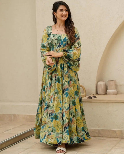 Pistachio Green Chinnon Flared Digital Print Gown