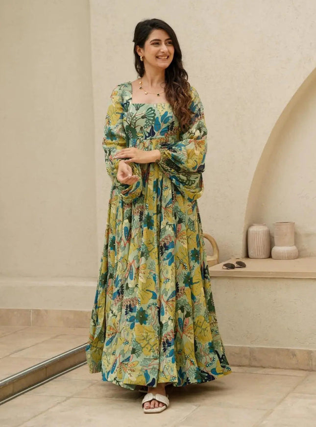 Pistachio Green Chinnon Flared Digital Print Gown