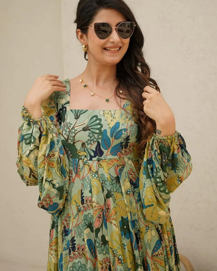 Pistachio Green Chinnon Flared Digital Print Gown