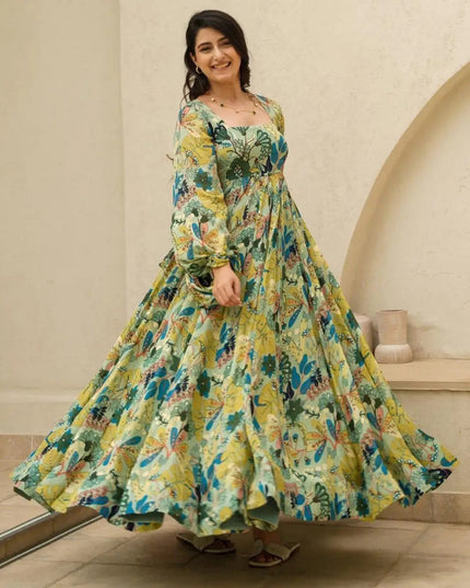 Pistachio Green Chinnon Flared Digital Print Gown