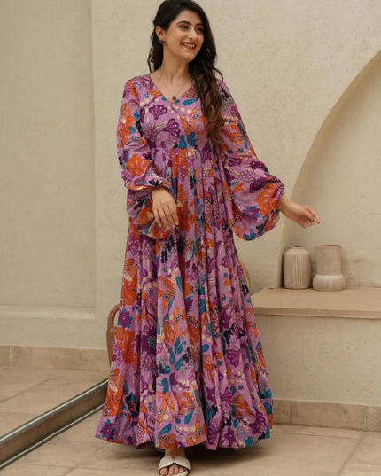 Onion Pink Chinnon Flared Digital Print Gown
