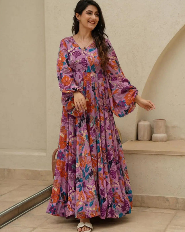 Onion Pink Chinnon Flared Digital Print Gown