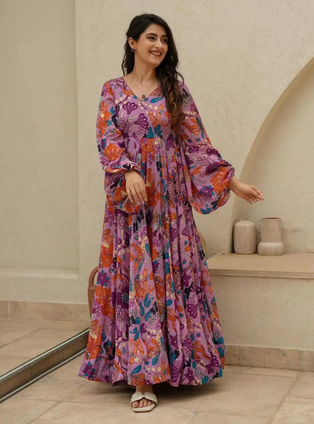 Onion Pink Chinnon Flared Digital Print Gown