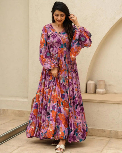 Onion Pink Chinnon Flared Digital Print Gown