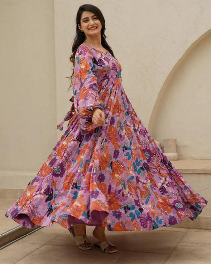 Onion Pink Chinnon Flared Digital Print Gown