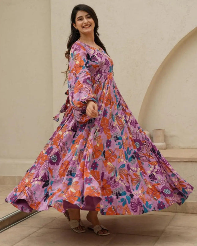 Onion Pink Chinnon Flared Digital Print Gown