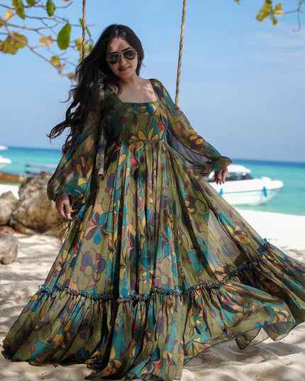 Mehendi Green Georgette Flared Digital Print Gown
