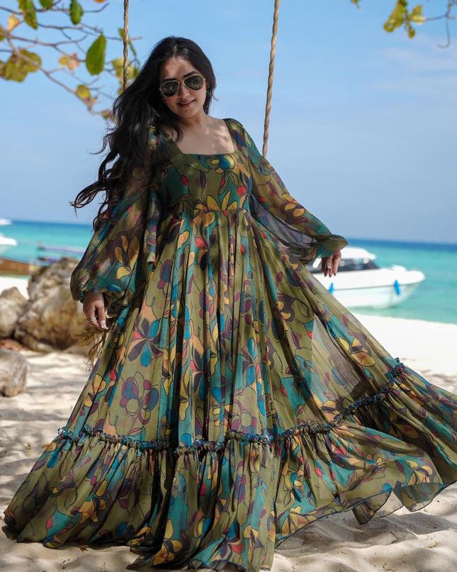 Mehendi Green Georgette Flared Digital Print Gown