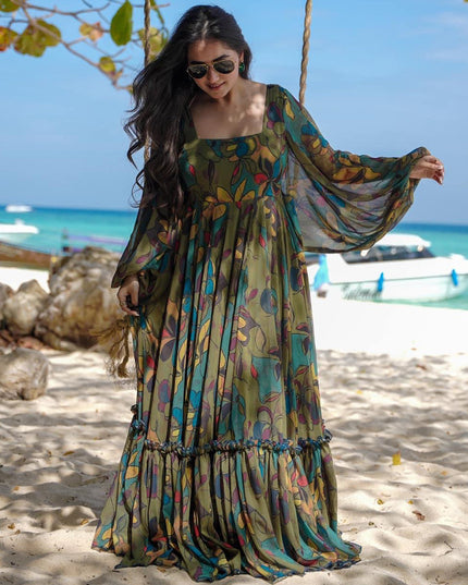 Mehendi Green Georgette Flared Digital Print Gown