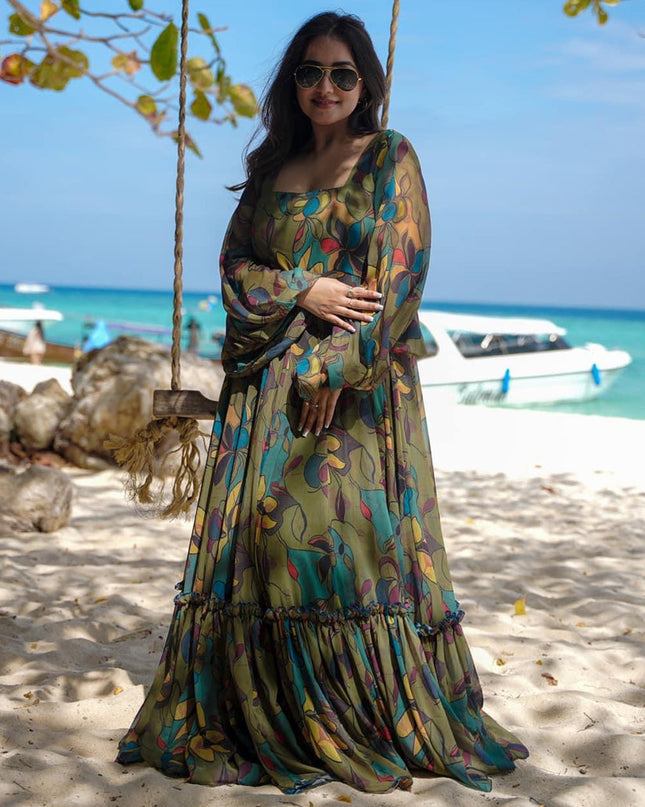 Mehendi Green Georgette Flared Digital Print Gown