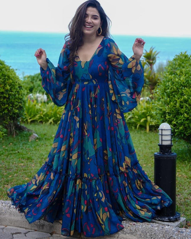 Persian Blue Georgette Flared Digital Print Gown