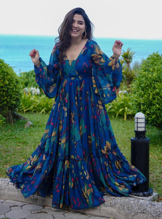 Persian Blue Georgette Flared Digital Print Gown
