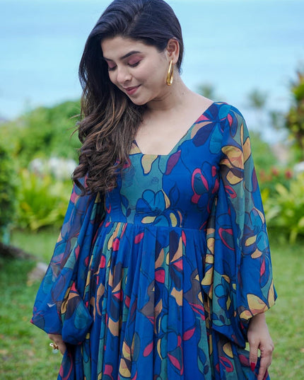 Persian Blue Georgette Flared Digital Print Gown