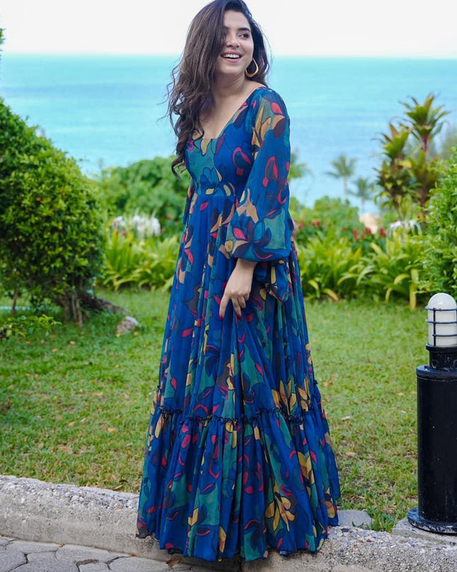 Persian Blue Georgette Flared Digital Print Gown