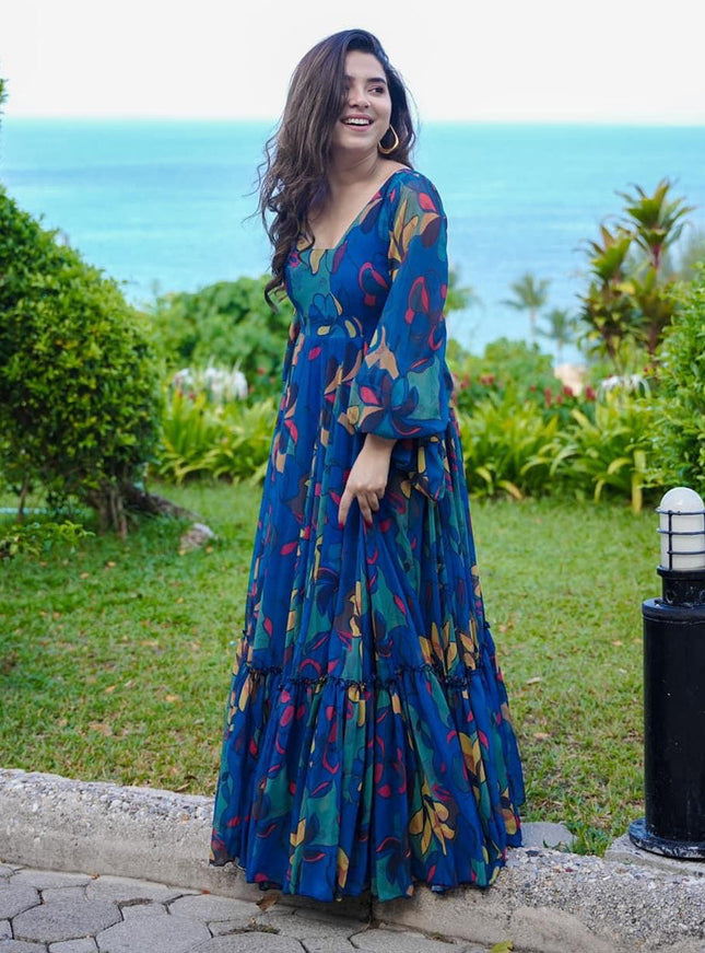 Persian Blue Georgette Flared Digital Print Gown