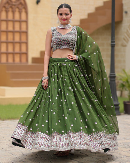 Moss Green Faux Georgette Sequins Embroidered Lehenga Choli