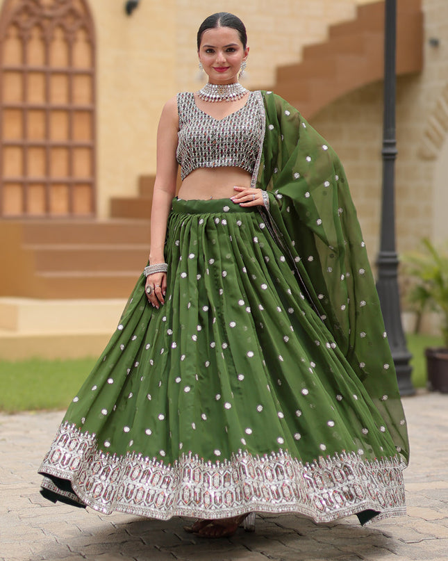 Moss Green Faux Georgette Sequins Embroidered Lehenga Choli