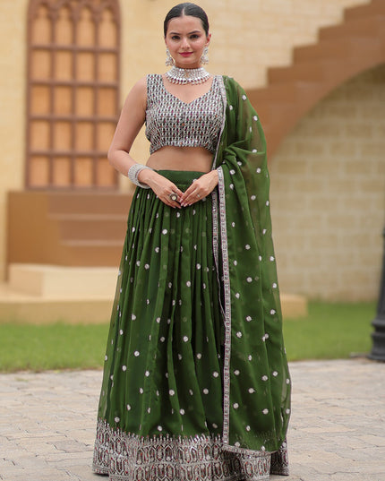 Moss Green Faux Georgette Sequins Embroidered Lehenga Choli