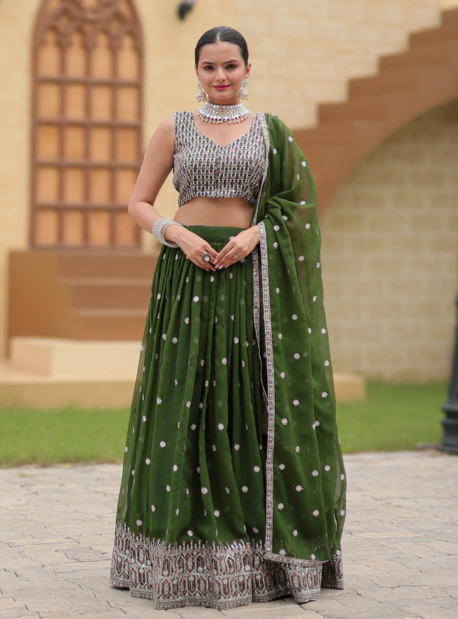 Moss Green Faux Georgette Sequins Embroidered Lehenga Choli