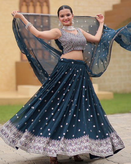 Prussian Blue Faux Georgette Sequins Embroidered Lehenga Choli