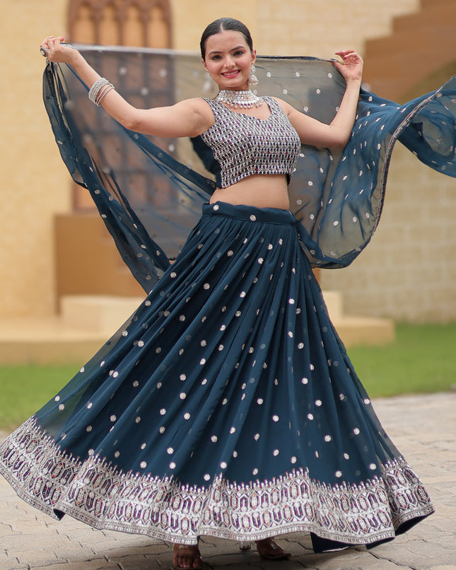 Prussian Blue Faux Georgette Sequins Embroidered Lehenga Choli