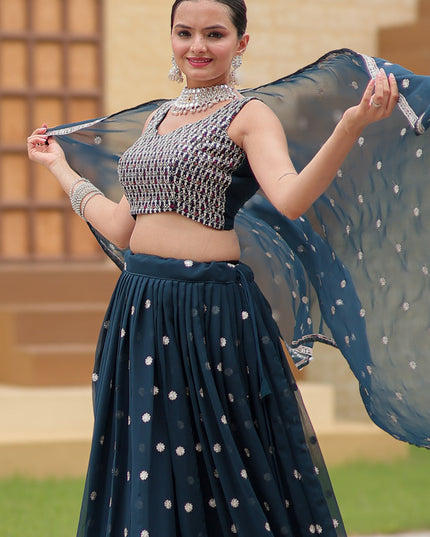 Prussian Blue Faux Georgette Sequins Embroidered Lehenga Choli