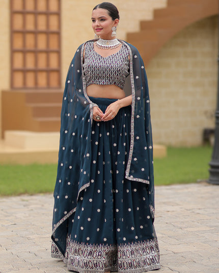 Prussian Blue Faux Georgette Sequins Embroidered Lehenga Choli