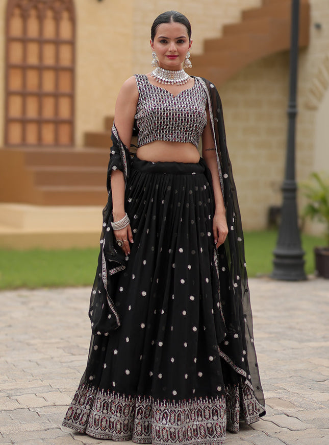 Black Faux Georgette Sequins Embroidered Lehenga Choli