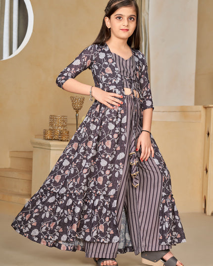 Oak Brown Muslin Printed Kids Girl IndoWestern