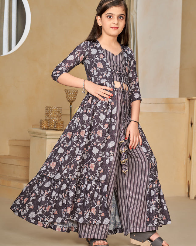 Oak Brown Muslin Printed Kids Girl IndoWestern