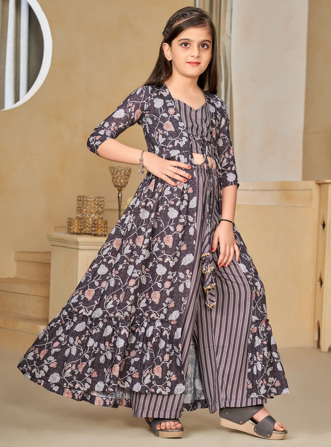 Oak Brown Muslin Printed Kids Girl IndoWestern