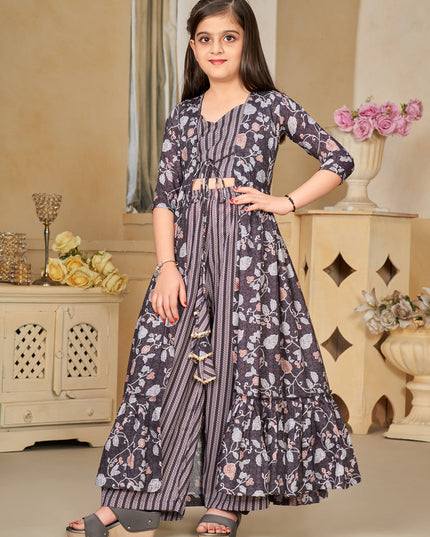 Oak Brown Muslin Printed Kids Girl IndoWestern