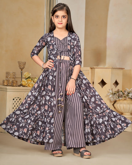 Oak Brown Muslin Printed Kids Girl IndoWestern