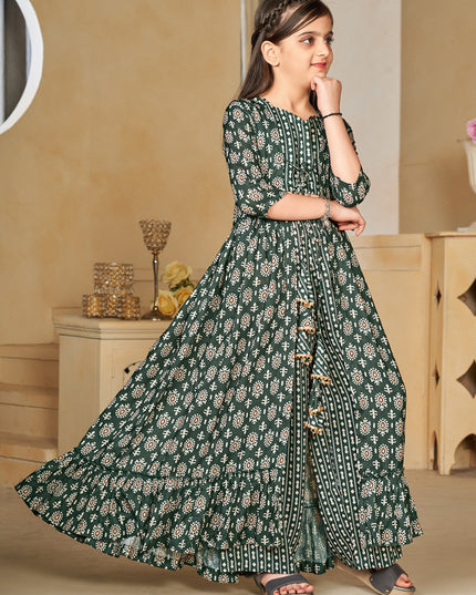 Moss Green Muslin Printed Kids Girl IndoWestern