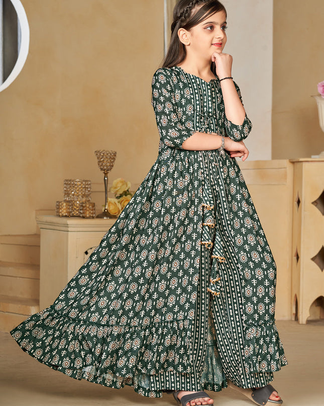 Moss Green Muslin Printed Kids Girl IndoWestern