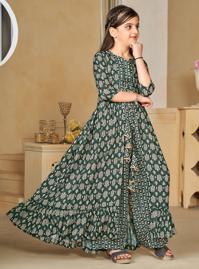 Moss Green Muslin Printed Kids Girl IndoWestern