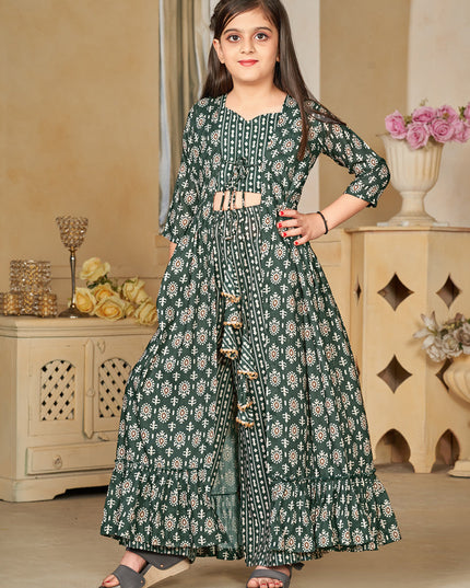 Moss Green Muslin Printed Kids Girl IndoWestern