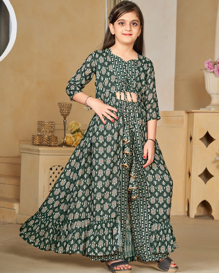 Moss Green Muslin Printed Kids Girl IndoWestern