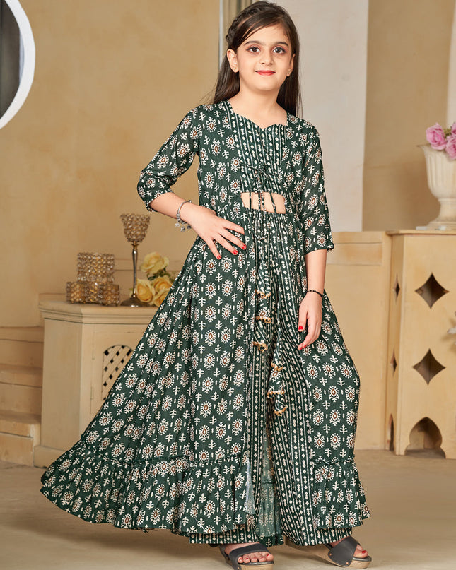 Moss Green Muslin Printed Kids Girl IndoWestern