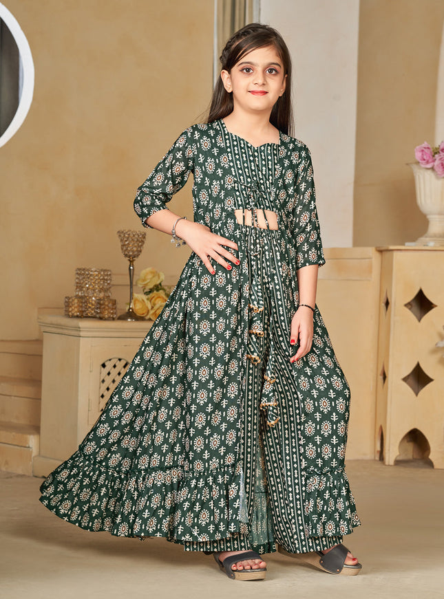 Moss Green Muslin Printed Kids Girl IndoWestern