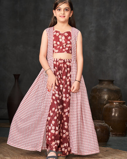 Rust Red and Off White Muslin Printed Kids Girl IndoWestern