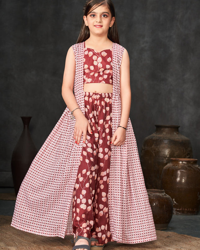Rust Red and Off White Muslin Printed Kids Girl IndoWestern