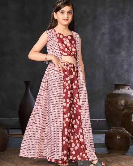 Rust Red and Off White Muslin Printed Kids Girl IndoWestern