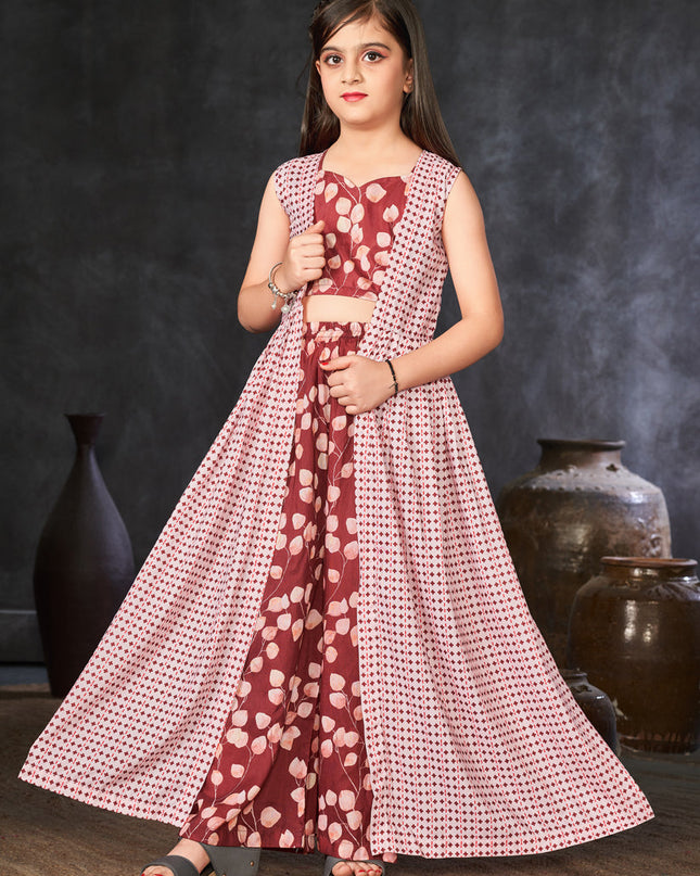Rust Red and Off White Muslin Printed Kids Girl IndoWestern