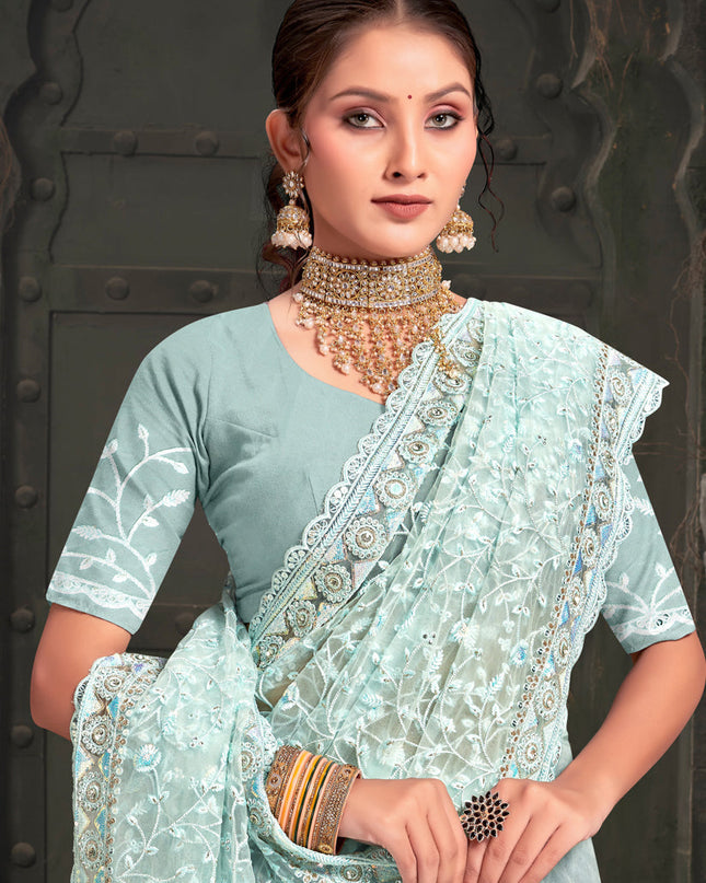 Ice Blue Net Resham Embroidered Saree