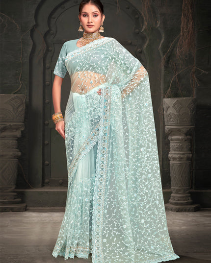 Ice Blue Net Resham Embroidered Saree