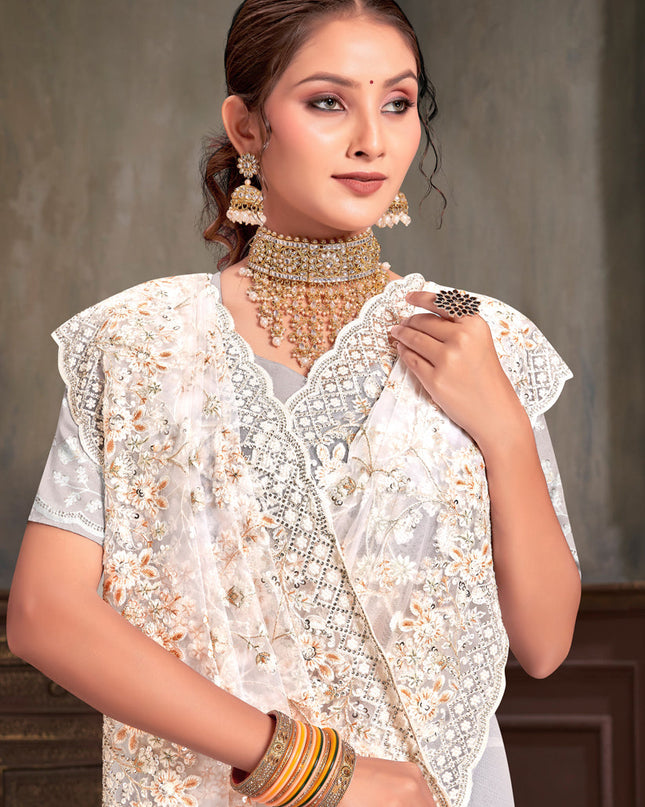 White Net Resham Embroidered Saree