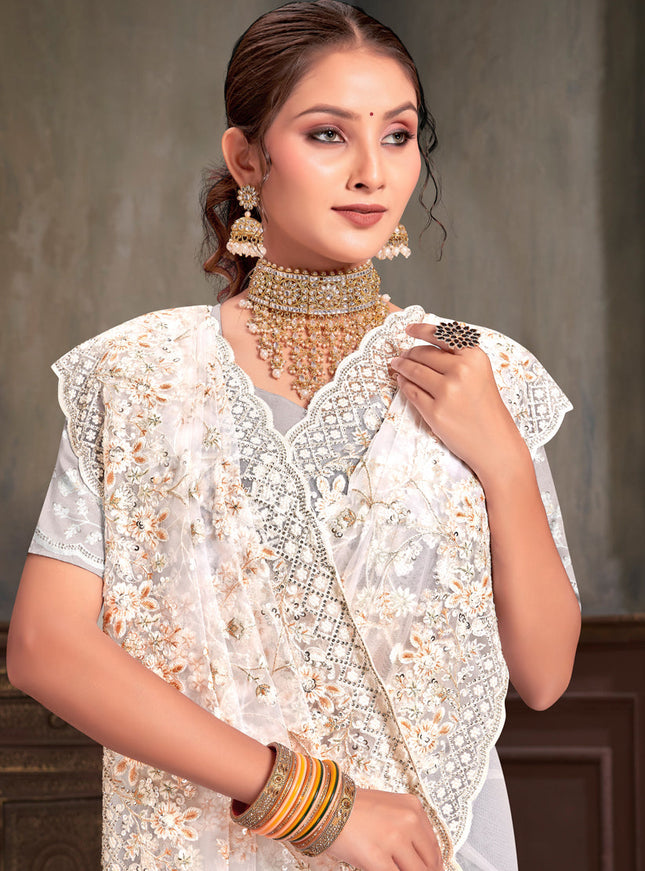 White Net Resham Embroidered Saree