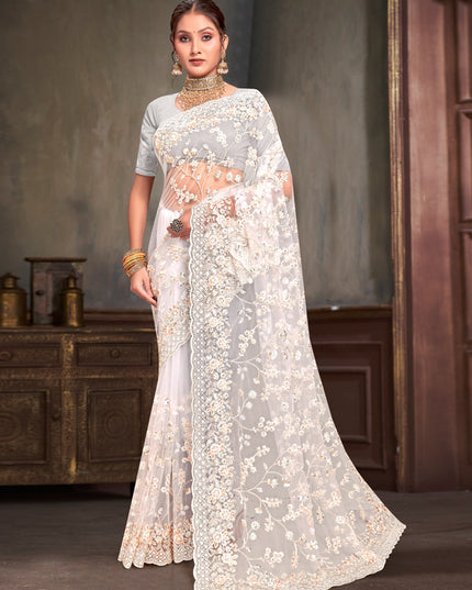 White Net Resham Embroidered Saree
