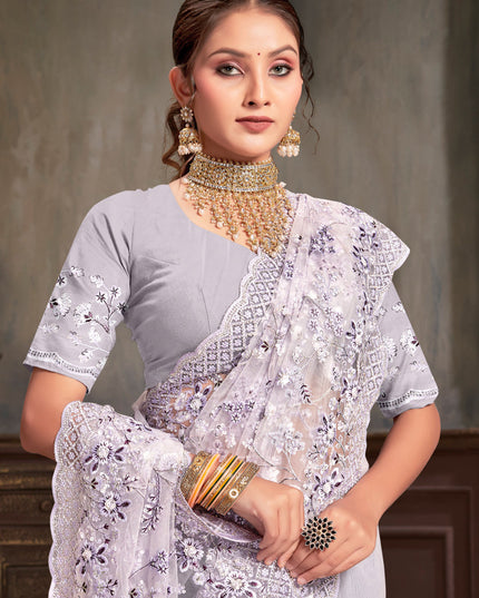 Lavender Net Resham Embroidered Saree